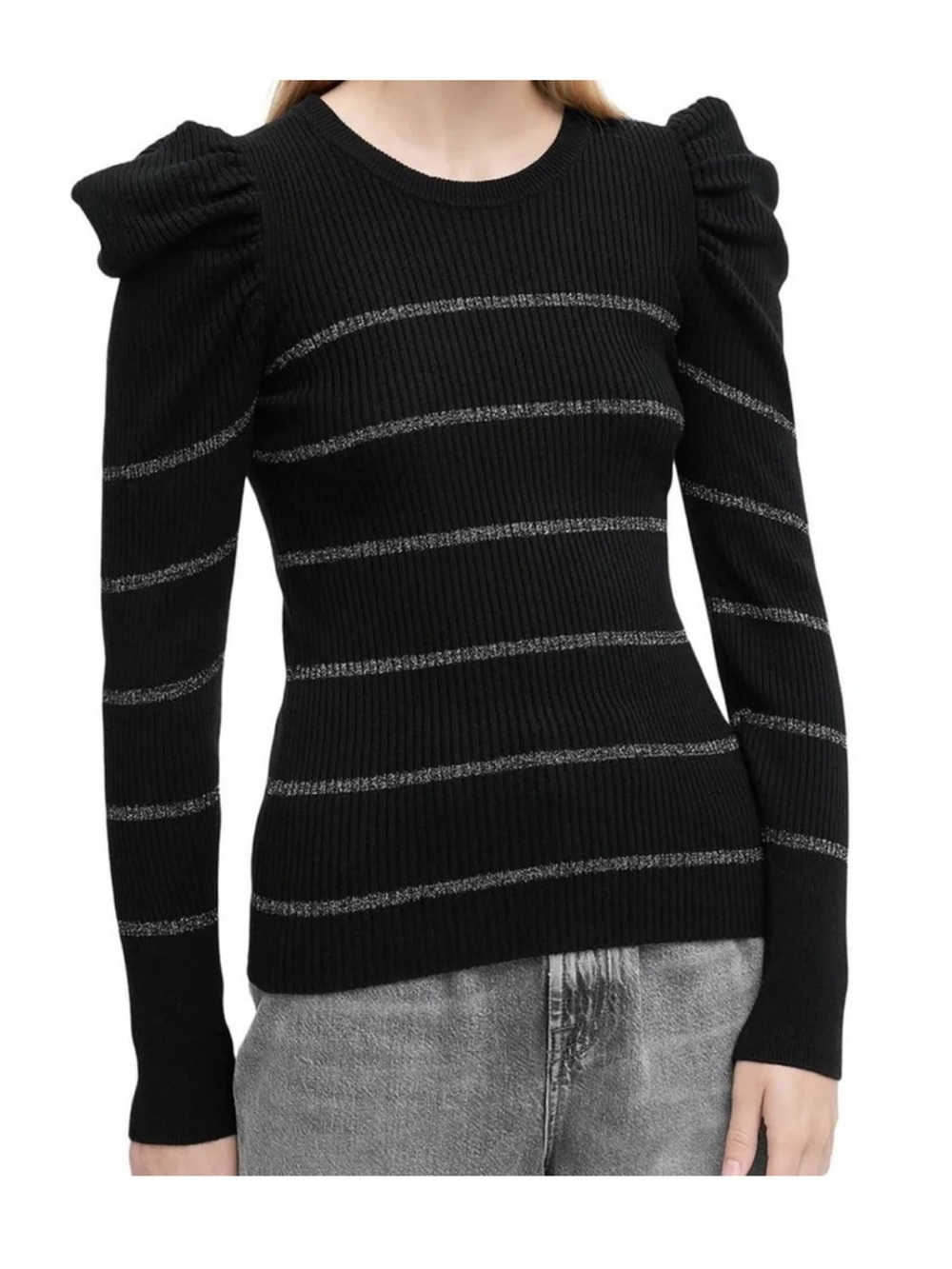 7 For All Mankind Black Sweater with Metallic Silver Stripes